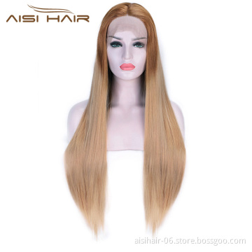 Aisi Hair Ombre Brown Lace Front Long Straight Wig High Temperature Fiber Synthetic Silk Straight Lace Front Long Wigs for Women